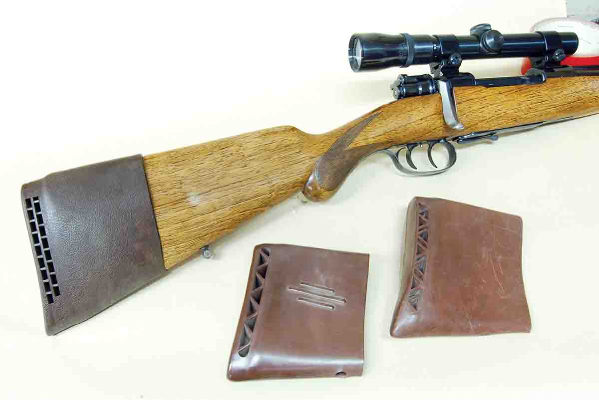 A pull-on pad installed on a Mauser sporter to add .75 inch to pull length.